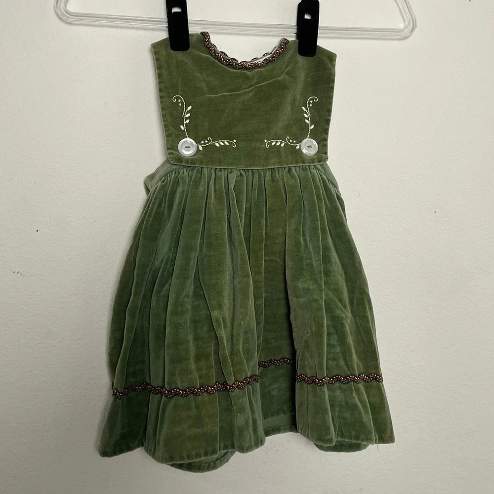 Vintage Green Velvet Pinafore Dress Kids Floral Embroidery Pleated Holiday Olive